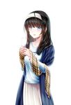  absurdres black_hair blue_eyes bookmark collarbone hairband haruming highres idolmaster idolmaster_cinderella_girls jewelry long_hair pendant sagisawa_fumika shawl smile solo 