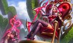  1girl alternate_costume alternate_hairstyle arm_strap armor arrow arrow_through_heart ashe_(league_of_legends) blue_eyes boots bow_(weapon) breasts cleavage crossed_legs drill_hair flower gloves hair_ornament heart heart_hair_ornament heartseeker_ashe helmet high_heel_boots high_heels highres horned_helmet kneeling league_of_legends lipstick long_hair makeup md5_mismatch medium_breasts michelle_hoefener official_art puffy_sleeves red_flower red_lipstick red_rose rose silver_hair sitting thigh_boots thighhighs throne tryndamere weapon 