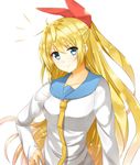  1girl blonde_hair blue_eyes hair_ribbon hand_on_hip isshiki_(ffmania7) kirisaki_chitoge long_hair long_sleeves looking_at_viewer necktie nisekoi ribbon simple_background smile solo upper_body white_background 