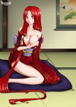  absurdres artist_name bare_shoulders breast_tattoo breasts cleavage cushion fairy_tail flare_corona hair_over_shoulder highres ishthak japanese_clothes kimono large_breasts long_hair looking_at_viewer off_shoulder painting_(object) red_eyes red_hair scar sitting solo tattoo twintails very_long_hair watermark 