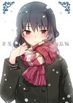  black_hair blush coat kirihara_izumi long_hair looking_at_viewer red_eyes sawashiro_yoru scarf snowing solo sore_wa 