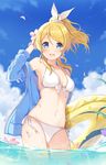  6u_(eternal_land) ayase_eli bikini blonde_hair blue_eyes blue_sky breasts cloud day flower hair_flower hair_ornament hair_ribbon innertube jacket jacket_over_swimsuit looking_at_viewer love_live! love_live!_school_idol_project medium_breasts navel open_clothes open_jacket open_mouth outdoors petals ponytail ribbon side-tie_bikini sky smile solo swimsuit wading water white_bikini 