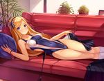  blonde_hair blue_eyes blush breasts collarbone commentary_request competition_swimsuit couch covered_navel eyebrows eyebrows_visible_through_hair hair_ribbon hairband highleg highleg_swimsuit highres indoors kneehighs long_hair looking_at_viewer lying medium_breasts on_couch on_side one-piece_swimsuit original racket ribbon smile solo swimsuit tennis_racket white_legwear wrist_ribbon yokaze_japan 