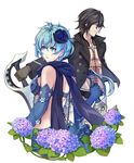  1girl bare_shoulders belt black_hair blue_eyes blue_flower blue_gloves blue_hair blue_rose blue_scarf book breasts brown_gloves buttons cent_(drag-on_dragoon) coat drag-on_dragoon drag-on_dragoon_3 elbow_gloves flower gloves groin hair_between_eyes hair_flower hair_ornament holding holding_sword holding_weapon hydrangea jacket kllsiren long_sleeves looking_afar looking_down medium_breasts number open_book outstretched_arm pants parted_lips profile roman_numerals rose scarf short_hair sideboob simple_background smile sword two_(drag-on_dragoon) unbuttoned weapon white_background white_pants 
