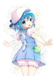  :o adapted_costume bad_id bad_twitter_id bangs beret bloomers blue_bow blue_eyes blue_hair blush bow cirno cowboy_shot daisy floral_background flower from_behind hair_bow hat ice ice_wings looking_at_viewer looking_back open_mouth outstretched_arms pointy_ears pouch puffy_short_sleeves puffy_sleeves sailor_collar shinoba short_sleeves simple_background solo spread_arms standing touhou underwear white_background white_hat wings 