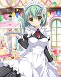  ameto_yuki apron artist_name balloon cake cup flower food green_hair hair_flower hair_ornament indoors looking_at_viewer macaron maid maid_apron maid_headdress necktie noble_works red_neckwear rose short_necktie solo sweets teacup tiered_tray tray tsukiyama_sena window yellow_eyes yuzu_para 