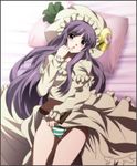  1girl bed blush book breasts dress eyebrows eyebrows_visible_through_hair hat highres holding large_breasts legs long_hair long_sleeves looking_at_viewer lying on_back on_bed parted_lips patchouli_knowledge pillow purple_eyes purple_hair solo striped striped_panties thighs touhou yadokari_genpachirou 