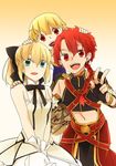  2boys :d ahoge alexander_(fate/grand_order) artoria_pendragon_(all) bad_id bad_pixiv_id bare_shoulders blonde_hair bnsn braid breasts child_gilgamesh cleavage cowboy_shot dress fate/grand_order fate/hollow_ataraxia fate/stay_night fate/unlimited_codes fate_(series) gilgamesh gloves gradient gradient_background green_eyes hair_ribbon hands_on_another's_head leaning_forward long_hair looking_at_viewer midriff multiple_boys navel open_mouth ponytail red_eyes red_hair ribbon saber saber_lily short_hair single_braid sitting small_breasts smile v white_dress younger 