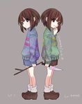  androgynous back-to-back black_eyes chara_(undertale) copyright_name crazy_eyes dated evil_smile expressionless frisk_(undertale) grey_background hand_on_own_chin knife multiple_others red_eyes saki_(pixy0911) shoes shorts simple_background smile socks spoilers stick striped striped_sweater sweater undertale 