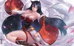  ahri_(league_of_legends) animal_ears black_hair breasts cleavage drink foxgirl gtunver league_of_legends long_hair multiple_tails petals sake tail yellow_eyes 