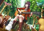  animal bird blue_eyes boots brown_hair flowers forest fox guitar instrument jpeg_artifacts original rabbit shigatsu_itsuka shorts tree 