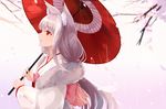  animal_ears cropped foxgirl gray_hair japanese_clothes kimono long_hair note_(aoiro_clip) original red_eyes umbrella 
