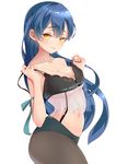  alternate_costume arm_ribbon bangs bare_shoulders black_bra black_legwear blue_hair bra breasts cleavage closed_mouth collarbone cowboy_shot eyebrows eyebrows_visible_through_hair frills hair_between_eyes highres large_breasts lingerie long_hair looking_at_viewer love_live! love_live!_school_idol_project navel panties panties_over_pantyhose pantyhose ribbon ribbon_trim see-through simple_background smile solo sonoda_umi stomach strap_pull strap_slip underwear underwear_only unfastened white_background xinshijie_de_akalin yellow_eyes 