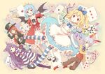  5girls alice_(wonderland) alice_(wonderland)_(cosplay) alice_in_wonderland animal_ears apron bangs bat_wings black_footwear blonde_hair blue_eyes blue_hair blunt_bangs blush bow braid bunny_ears card cat_ears cat_paws cat_tail cheshire_cat cheshire_cat_(cosplay) cosplay crescent crescent_hair_ornament crown dress fang flandre_scarlet frilled_dress frills green_eyes hair_bow hair_ornament hat hong_meiling izayoi_sakuya kemonomimi_mode long_hair long_sleeves looking_at_viewer mad_hatter mad_hatter_(cosplay) mary_janes multiple_girls open_mouth pants pantyhose patchouli_knowledge paws playing_card pocket_watch puffy_short_sleeves puffy_sleeves purple_eyes purple_hair red_eyes red_hair remilia_scarlet shoes short_hair short_sleeves side_braid side_ponytail silver_hair single_braid staff striped striped_dress striped_legwear tail top_hat touhou vest watch white_bow white_rabbit white_rabbit_(cosplay) wings 