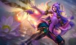  blade boots cleavage_cutout detached_sleeves flower green_eyes highres irelia knee_boots league_of_legends long_hair lotus michelle_hoefener official_art order_of_the_lotus_irelia purple_hair solo very_long_hair 
