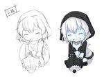  bikini_top blue_skin chibi closed_eyes hood hood_up hoodie kantai_collection multiple_views niwatazumi re-class_battleship scarf shinkaisei-kan sitting_on_own_tail sketch smile translated white_hair 