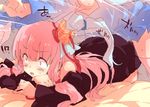  blush closed_eyes covering_with_blanket hair_ornament hair_ribbon kotonoha_akane kotonoha_aoi long_hair lying multiple_girls on_stomach open_mouth petenshi_(dr._vermilion) pink_hair ribbon siblings sisters sleeping slipping smile surprised thighhighs translation_request voiceroid waking_up 