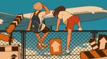  aircraft airplane arm_support arrow backpack bag black_shorts blonde_hair blue_sky blurry brown_hair chain-link_fence climbing cloud commentary_request day depth_of_field fence flat_color from_behind hieda_yawe jet long_hair multiple_girls on_fence original outdoors red_shorts shirt short_hair shorts sign sitting sky t-shirt white_shirt 