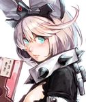  aqua_eyes collar elphelt_valentine guilty_gear guilty_gear_xrd gun handgun hankuri pink_hair pistol solo spiked_collar spikes spoilers weapon 