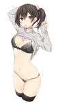  adjusting_hair arms_up black_bow black_legwear black_ribbon blush bow bow_bra bow_panties bra breasts brown_eyes brown_hair cleavage clothes_lift cowboy_shot grey_bra grey_panties groin hair_ribbon hand_on_own_head highres kaga_(kantai_collection) kantai_collection komeshiro_kasu large_breasts legs_together lingerie long_sleeves midriff mouth_hold navel no_pants panties ponytail ribbed_sweater ribbon short_hair simple_background sleeves_past_wrists solo sparkle standing stomach sweater sweater_lift tareme thighhighs thighs turtleneck tying_hair underwear white_background 