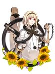  1girl armor bangs blonde_hair blunt_bangs brother_one chain clenched_hand drag-on_dragoon drag-on_dragoon_3 earrings facial_mark facing_away flower forehead_mark gauntlets gloves hairband jewelry kllsiren one_(drag-on_dragoon) red_eyes short_hair simple_background smile spoilers sunflower weapon white_background 