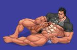 bara barefoot black_hair body_hair bottomless cum cum_on_body erection facial male_focus masturbation muscle penis solo testicles um wince wink 