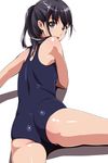  ass black_eyes black_hair blush eyebrows_visible_through_hair highres long_hair looking_back matsunaga_kouyou one-piece_swimsuit original school_swimsuit simple_background solo swimsuit 