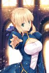  1girl ahoge artoria_pendragon_(all) blonde_hair blue_dress blue_ribbon braid breasts cleavage cleavage_cutout commentary_request dress eyebrows_visible_through_hair fate/grand_order fate/stay_night fate_(series) french_braid green_eyes hair_between_eyes hair_ribbon juliet_sleeves large_breasts light_particles long_sleeves looking_at_viewer nyanmaru_(ememing) open_eyes open_mouth outstretched_hand parted_lips puffy_sleeves ribbon saber short_hair solo twitter_username 