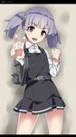  belt clenched_hand cowboy_shot dress hair_ribbon highres kantai_collection letterboxed long_sleeves looking_at_viewer ooshio_(kantai_collection) open_mouth pinafore_dress purple_eyes purple_hair remodel_(kantai_collection) ribbon shirt short_twintails sleeveless sleeveless_dress smile solo tenrai twintails twitter_username v white_shirt 