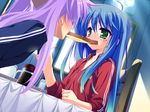  blue_hair blush eating food food_in_mouth hiiragi_kagami izumi_konata long_hair lucky_star mole mole_under_eye mouth_hold multiple_girls munyuu purely sleeves_pushed_up third-party_edit toast toast_in_mouth 