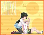  black_hair black_legwear blonde_hair blue_eyes blue_skirt blush brown_eyes copyright_name glasses kneeling labcoat long_hair long_sleeves multiple_girls nagian necktie pani_poni_dash! pantyhose rebecca_miyamoto shoes sitting skirt smile star starry_background striped striped_background tachibana_rei wallpaper yellow_background 