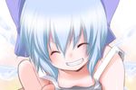  blue_hair cirno closed_eyes downblouse flat_chest fujisaki_hikari grin highres pointing ribbon smile solo touhou 