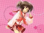  brown_hair copyright_name flower hair_ornament heart itou_noiji long_sleeves one_eye_closed pink_background red_eyes school_uniform skirt solo star to_heart_2 twintails wallpaper yuzuhara_konomi 