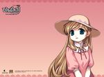  artist_request copyright_name dress green_eyes hat ibbie light_brown_hair looking_at_viewer mabinogi parted_lips pink_background pink_dress puffy_sleeves solo sun_hat wallpaper watermark 