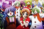  animal_costume antlers blonde_hair blue_eyes blue_hair blush bow brown_hair christmas christmas_tree christmas_tree_costume confetti detexted everyone furude_rika gift green_eyes green_hair hand_on_head happy hat highres higurashi_no_naku_koro_ni holding holding_gift hood houjou_satoko long_hair maebara_keiichi mini_hat mini_top_hat morimoto_hirofumi multiple_girls official_art outstretched_arms pink_eyes red_nose reindeer_costume ryuuguu_rena sack santa_costume santa_hat scarf short_hair siblings sisters smile snowflakes snowman_costume sonozaki_mion sonozaki_shion spread_arms star third-party_edit top_hat twins wince 