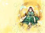  brown_hair dress frilled_shirt_collar frills full_body green_dress green_eyes highres long_hair long_sleeves looking_at_viewer red_eyes rozen_maiden simple_background solo suiseiseki ushiki_yoshitaka very_long_hair wallpaper yellow_background 