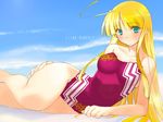  adapted_costume blonde_hair competition_swimsuit green_eyes long_hair lying non-web_source on_side one-piece_swimsuit orion_(orionproject) rance5d rance_(series) rizna_lanfebit solo swimsuit wallpaper 