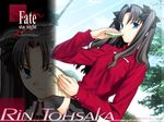  fate/stay_night fate_(series) food long_sleeves sandwich solo takeuchi_takashi thighhighs toosaka_rin turtleneck two_side_up wallpaper 