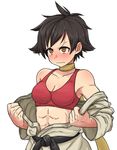  abs black_hair blush bra breasts brown_eyes choker cleavage dougi embarrassed gazacy_(dai) highres makoto_(street_fighter) medium_breasts off_shoulder red_bra ribbon_choker short_hair solo sports_bra street_fighter tomboy toned underwear undressing upper_body 