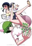  :d androgynous artist_name black_hair blush blush_stickers breasts cleavage clipboard collarbone cover_image cyclops foreshortening green_eyes green_hair hat hitomi_sensei_no_hokenshitsu itsuki_midori labcoat large_breasts long_hair looking_at_viewer manaka_hitomi multiple_girls nurse_cap one-eyed open_mouth perspective pink_eyes plant_girl ponytail sandals school_nurse shake-o short_hair simple_background skirt smile upside-down white_background 