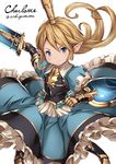  &gt;:( armor armored_dress artist_name blonde_hair blue_dress blue_eyes blush breastplate character_name charlotta_fenia clenched_hand closed_mouth contrapposto crown dress fighting_stance floating_hair foreshortening frilled_dress frilled_sleeves frills frown gauntlets granblue_fantasy greaves harvin hat long_hair looking_at_viewer pointy_ears puffy_short_sleeves puffy_sleeves sakiyamama shield short_sleeves simple_background solo spiked_knuckles spikes spread_legs standing tate_eboshi v-shaped_eyebrows white_background 