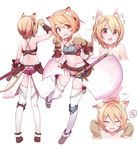  animal_ears animal_print armor bare_shoulders belt bikini_armor blonde_hair breastplate breasts brown_eyes cat_ears cat_print cat_tail cleavage closed_eyes collarbone face frills from_behind full_body gloves hair_between_eyes hairband highres knee_pads looking_at_viewer multiple_views navel open_mouth original panties paw_pose pemu petting sheath sheathed shoes short_hair shoulder_blades showgirl_skirt simple_background small_breasts sweatdrop sword tail thigh_gap thigh_strap thighhighs underwear upper_body weapon white_background white_legwear 