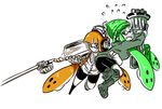  :p artist_name bangs beanie blunt_bangs blush boots carrying_over_shoulder crazy_(zoza) domino_mask e-liter_3k_(splatoon) embarrassed fangs flying_sweatdrops gatling_gun green_eyes green_hair gun hat headphones heavy_splatling_(splatoon) holding holding_weapon hood hoodie inkling jacket jumping long_hair long_sleeves looking_at_another looking_back mask minigun multiple_girls orange_eyes orange_hair partially_colored pointy_ears pudding_(zoza) rifle shorts signature single_vertical_stripe sniper_rifle splatoon_(series) splatoon_1 sweatdrop tank_top tentacle_hair tongue tongue_out weapon zoza 