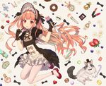  beige_background bottle bow candy candy_cane cat chocolate cosmetics doughnut dress finger_to_mouth flower food frills fruit gift gloves gothic_lolita harunoibuki hat headdress heart jewelry knife lipstick lolita_fashion long_hair looking_at_viewer macaron makeup open_mouth orange_hair original pantyhose perfume_bottle puffy_short_sleeves puffy_sleeves red_eyes ring short_sleeves slippers solo spoon strawberry top_hat two_side_up very_long_hair wallet white_legwear 