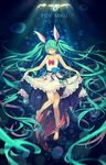  aqua_hair bare_shoulders barefoot breasts closed_eyes dress flower fox_tail hair_ribbon hatsune_miku highres long_hair ribbon skirt_hold small_breasts smile solo tail twintails underwater very_long_hair vocaloid yohan12 