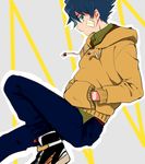  203mtk blue_eyes blue_hair from_side hands_in_pockets hood hoodie idolmaster idolmaster_side-m looking_at_viewer male_focus shoes simple_background sneakers solo taiga_takeru 