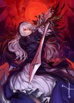  breasts dress feathers full_moon gothic_lolita holding holding_sword holding_weapon large_breasts lolita_fashion long_hair looking_at_viewer moon red_eyes red_moon rozen_maiden shiokonbu silver_hair solo suigintou sword weapon 