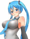  :o armpits baretto_(karasi07) blue_eyes blue_hair blue_neckwear blush breasts collarbone detached_sleeves grey_shirt hatsune_miku large_breasts long_hair long_sleeves midriff navel necktie parted_lips shirt simple_background sleeveless sleeveless_shirt solo stomach sweatdrop twintails upper_body v-shaped_eyebrows vocaloid white_background wing_collar 