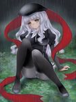  black_hat black_legwear blush breasts caren_hortensia closed_mouth fate/hollow_ataraxia fate_(series) hat highres large_breasts layered_sleeves long_hair looking_at_viewer pantyhose rain shiro_hougyoku shroud_of_magdalene sitting solo thighhighs white_hair yellow_eyes 