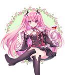  absurdres alcohol artist_name bare_shoulders black_dress black_legwear blush boots crossed_legs cup detached_sleeves dress drinking_glass flower frills hair_between_eyes highres krul_tepes long_hair long_sleeves looking_at_viewer owari_no_seraph pink_hair red_eyes ribbon sasucchi95 sitting smile solo thigh_boots thighhighs transparent_background very_long_hair wide_sleeves wine wine_glass 